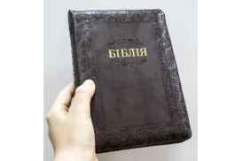 Біблія коричневого кольору з тисненням "Рослинний орнамент". Чохол на замочку, золотий зріз та індекс пошуку книг (135х195 мм)